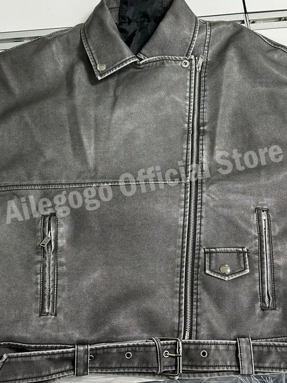 veste en Faux cuir Pu pour femme, Streetwear, Vintage, ample, manteau avec ceinture à fermeture éclair