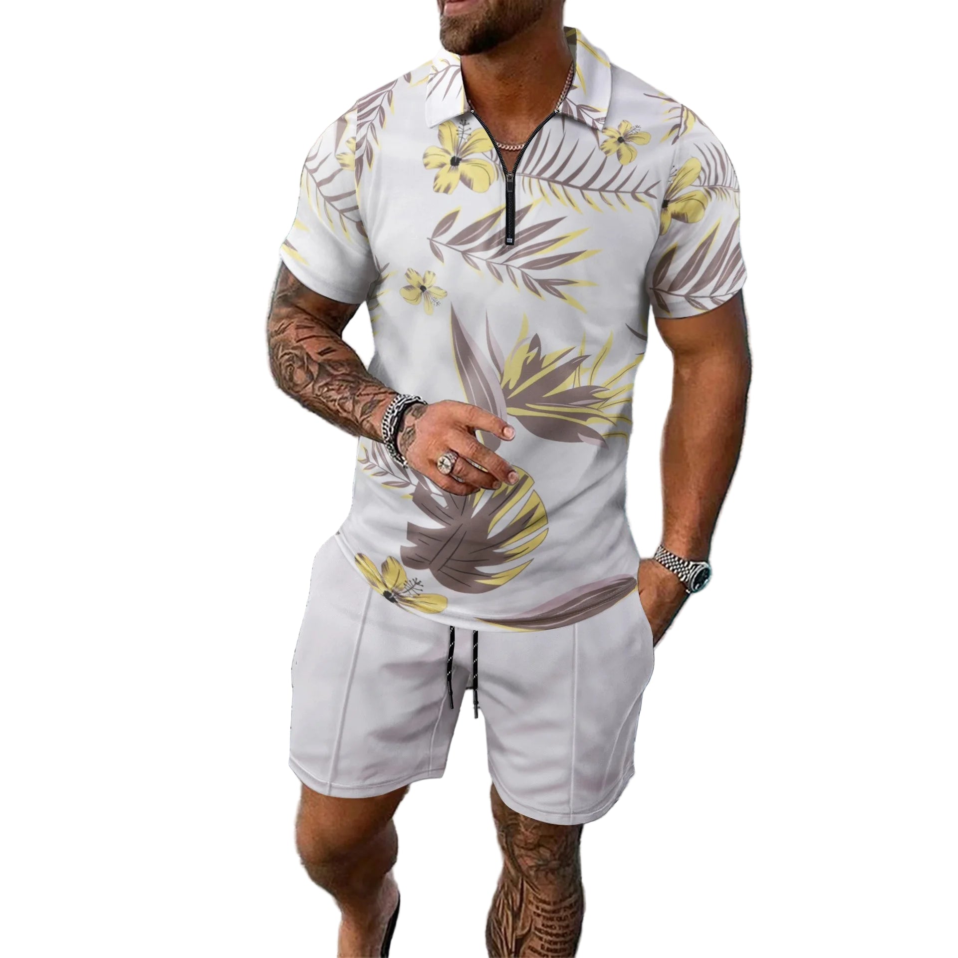 Ensemble de plage décontracté à manches courtes et fermeture éclair pour hommes