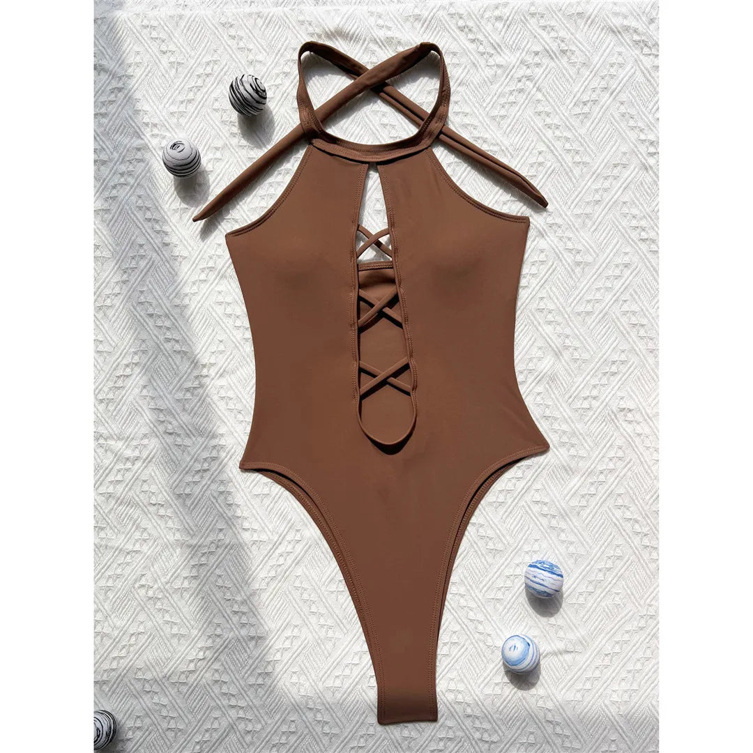 Maillot de bain une pièce à lacets, col haut, dos nu pour femmes