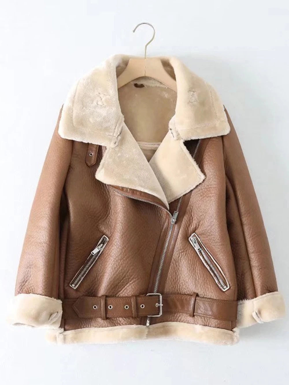 Veste pour femmes ample chaud Faux daim cuir fourrure fermeture éclair