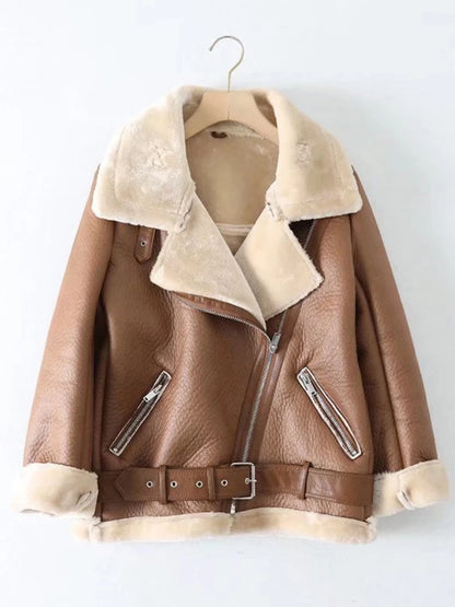 Veste pour femmes ample chaud Faux daim cuir fourrure fermeture éclair