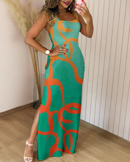 Robe d'été à bretelles épaisses, imprimé géométrique pour femmes