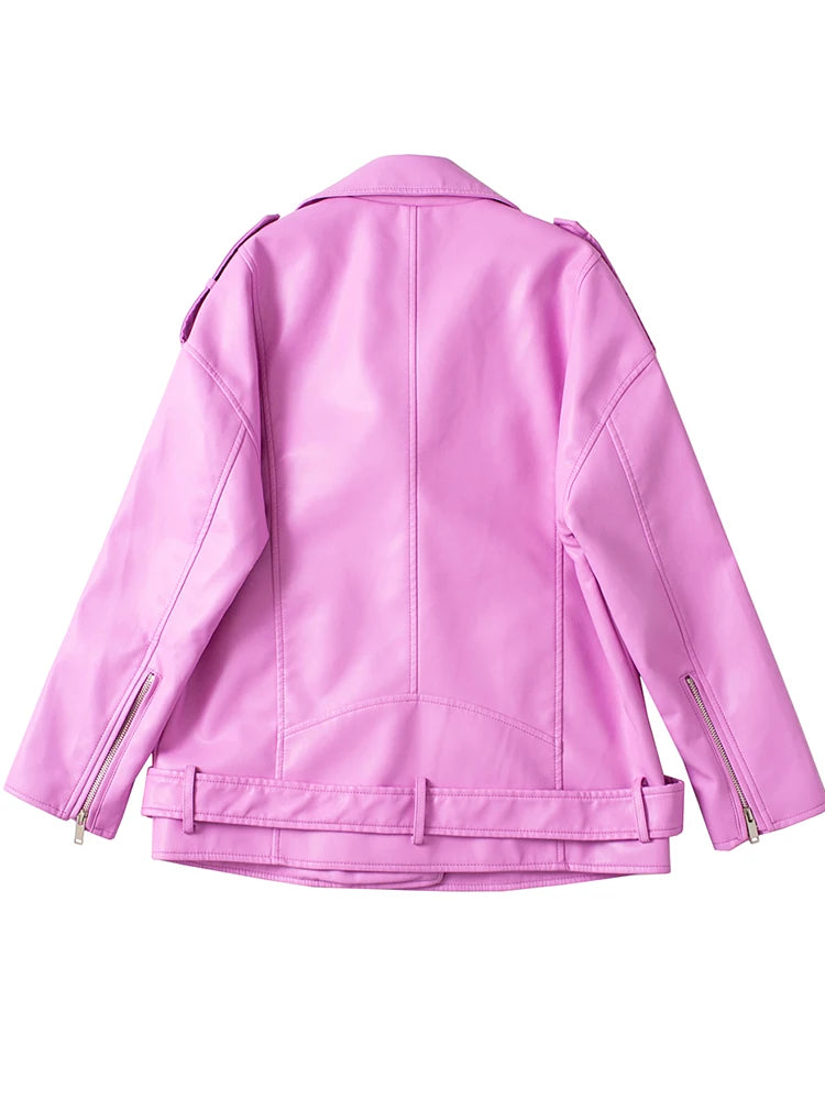 Veste avec ceinture ample fermeture éclair en Faux cuir pour femmes