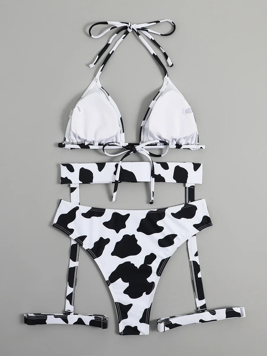 Maillot de bain imprimé vache, col licou, échancré, avec boucle, ensemble deux pièces, pour femmes