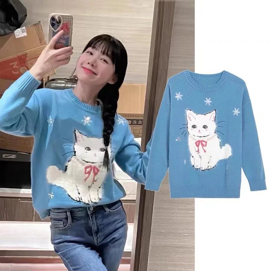 Pull ample brodé de chat bleu pour femme à manches longues et col en o