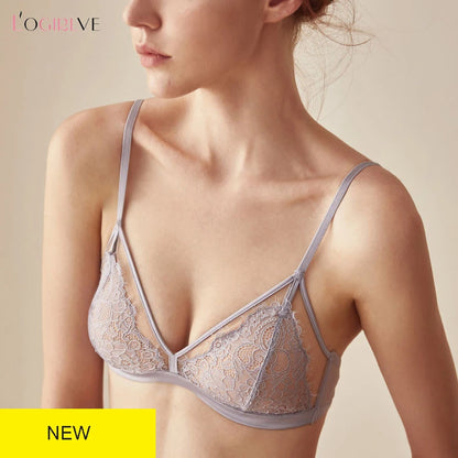 Ensemble de Lingerie Sexy en dentelle pour femmes, sous-vêtements français sans anneau en acier, Triangle, bonnet 3/4, soutien-gorge froncé, slip