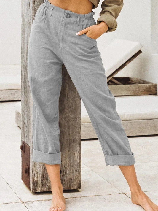 Pantalon Long en coton et lin pour femme, ample, avec poches noires, boutons, décontracté