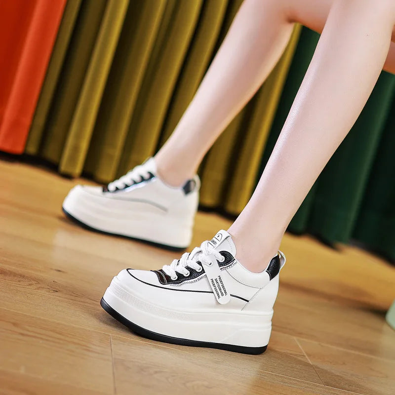 Basket compensées en cuir véritable pour femme