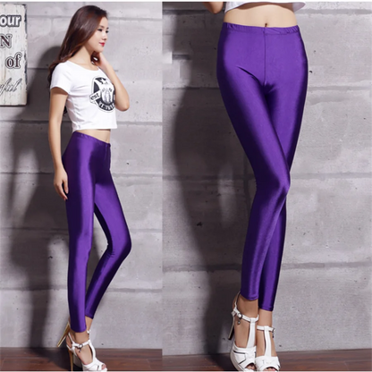 Legging de yoga sexy longueur cheville, couleur bonbon, soie glacée brillante, slim, taille haute pour femmes