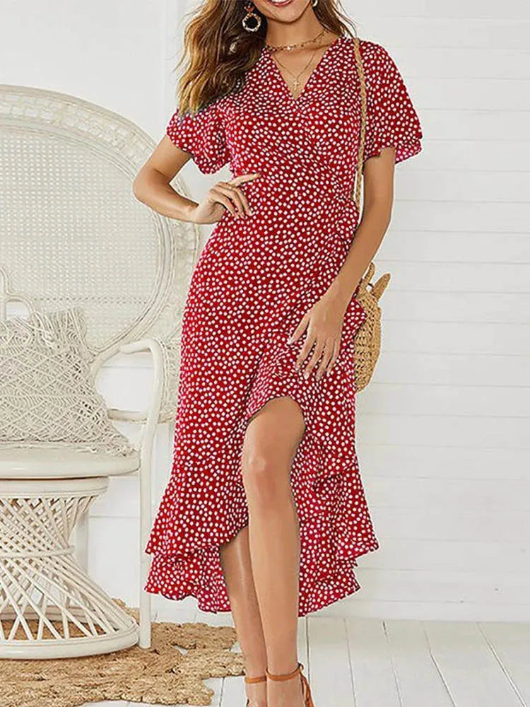 Robe longue en mousseline de soie pour femmes, imprimé floral, style boho, volants ronds, décontracté, col en v, fendue