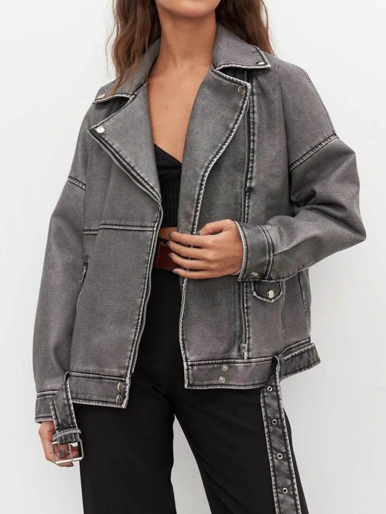 Vente ample épissé Faux cuir veste Streetwear pour femme fermeture éclair ceinture