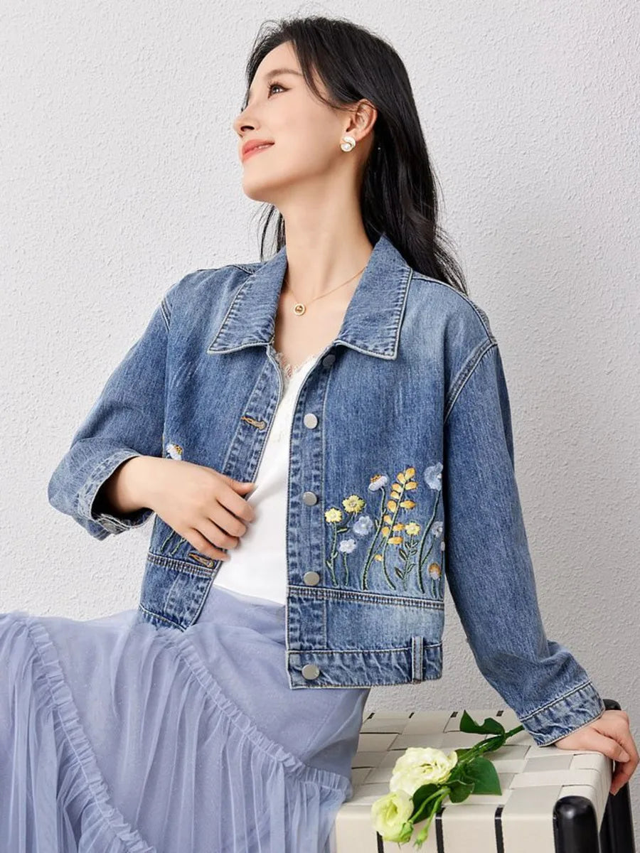 Veste en jean courte brodée florale pour femme