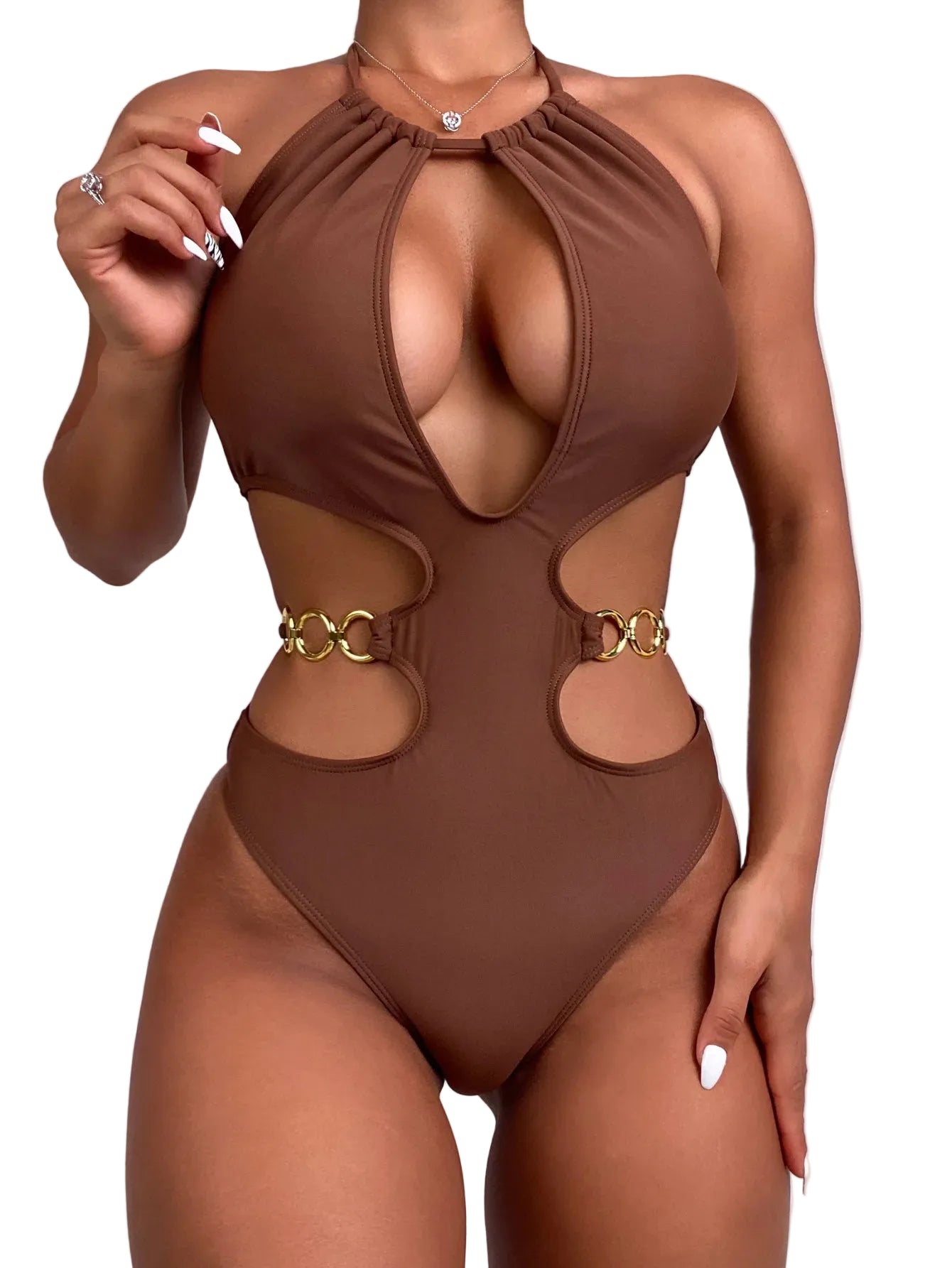 Maillot de bain une pièce marron, sexy, découpé, col haut, anneau en métal pour femmes