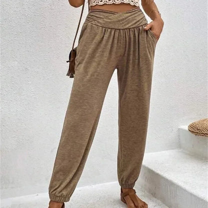 Pantalon taille haute pour femme, décontracté, poche, long, doux