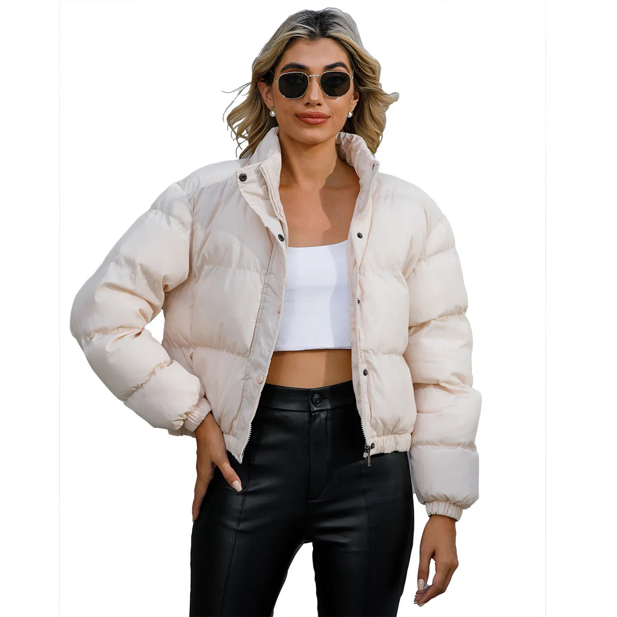 Manteau en coton matelassé à manches longues et col haut pour femmes