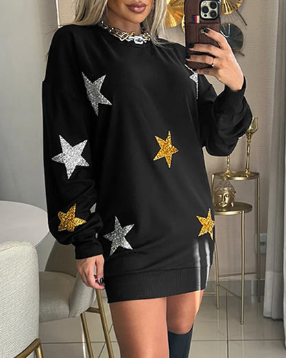 Robe sweat-shirt élégante à manches longues et col ras du cou avec motif étoile pour femme