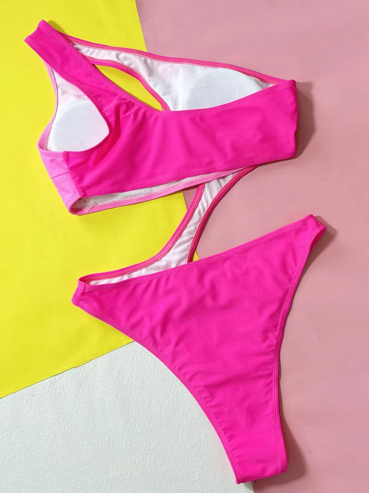 maillots de bain pour femme coupe haute évider une épaule épissage une pièce