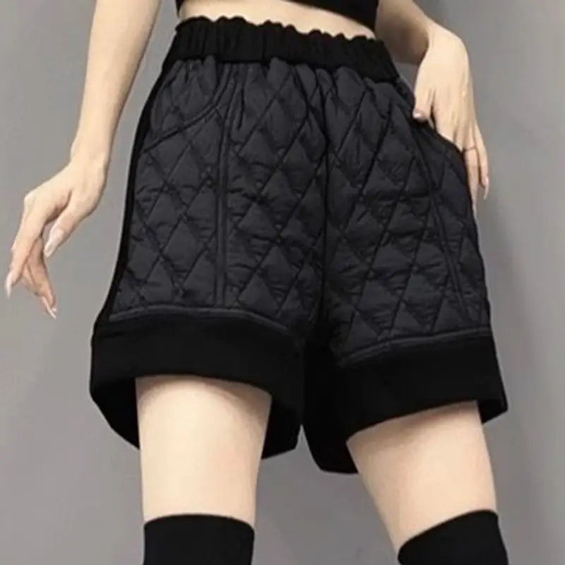 Short d'hiver épais matelassé noir pour femme, taille haute