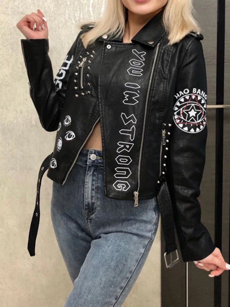 Veste pour femmes coupe ajustée imprimé graffiti court Pu Faux veste en cuir fermeture éclair ceinture