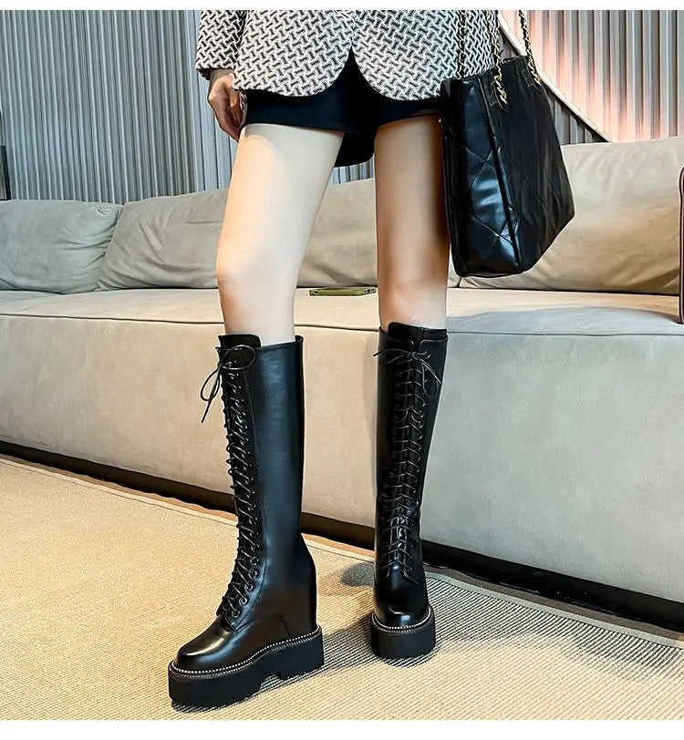 Bottes hautes en cuir et microcarence pour femme, 12cm, semelle compensée, peluche, fermeture éclair