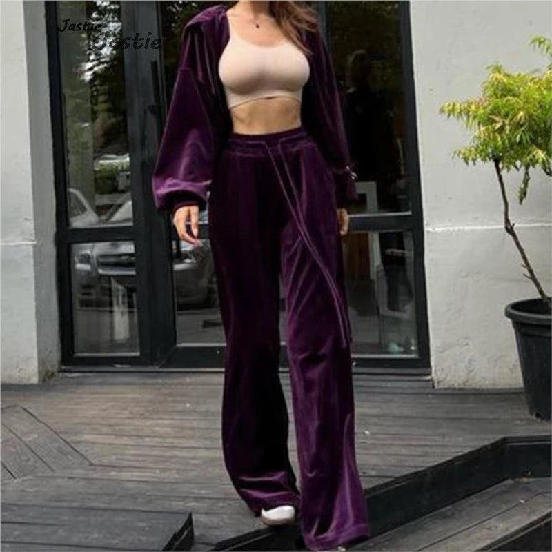 Ensemble pantalon en velours de couleur unie pour femme