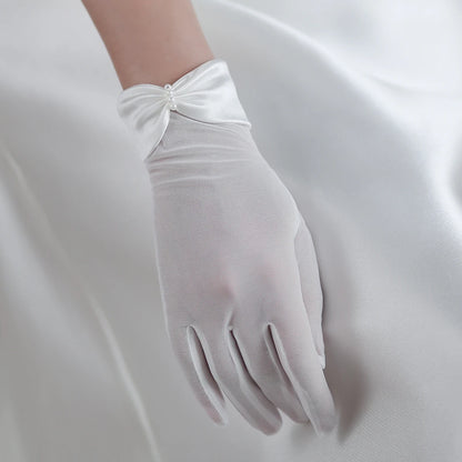 Gants blancs faits à la main en filet élastique pour femmes, gants courts de poignet, nœud en perles de satin