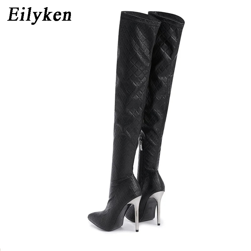 Bottes au genou pour femmes talons aiguilles mode bout pointu Zip