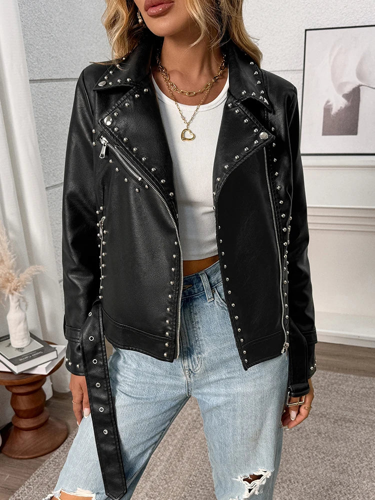 Veste à rivet fermeture éclair ceinture faux cuir pour femme