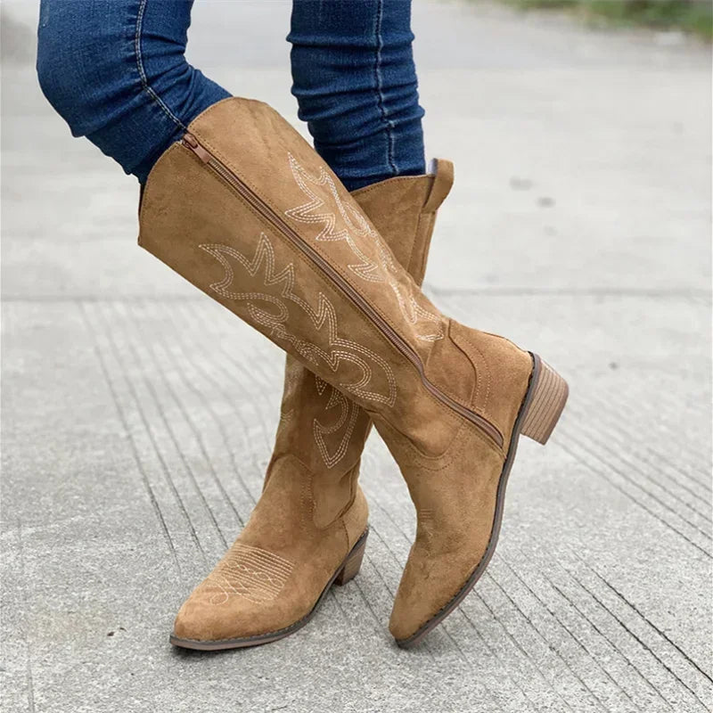 Bottes de cowboy occidentales brodées pour femmes, hautes au genou, cuir PU