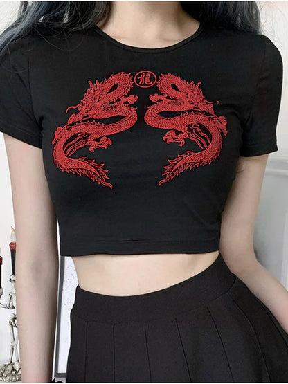 T-shirt à manches courtes imprimé dragon pour femmes, haut court