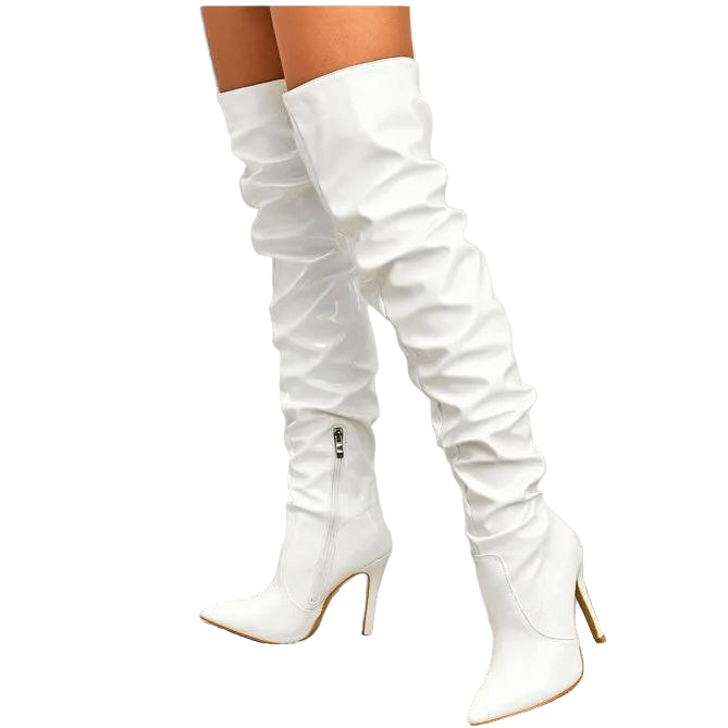 Bottes à bout pointu à enfiler blanches et sexy au-dessus du genou pour femmes