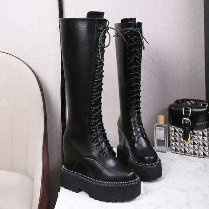 Bottes hautes en cuir et microcarence pour femme, 12cm, semelle compensée, peluche, fermeture éclair