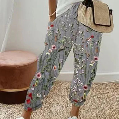 Pantalon Vintage imprimé Floral pour femmes, ample, longueur cheville, poches en coton et lin