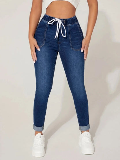 Jeans skinny taille haute pour femmes mode taille élastique à lacets Slim