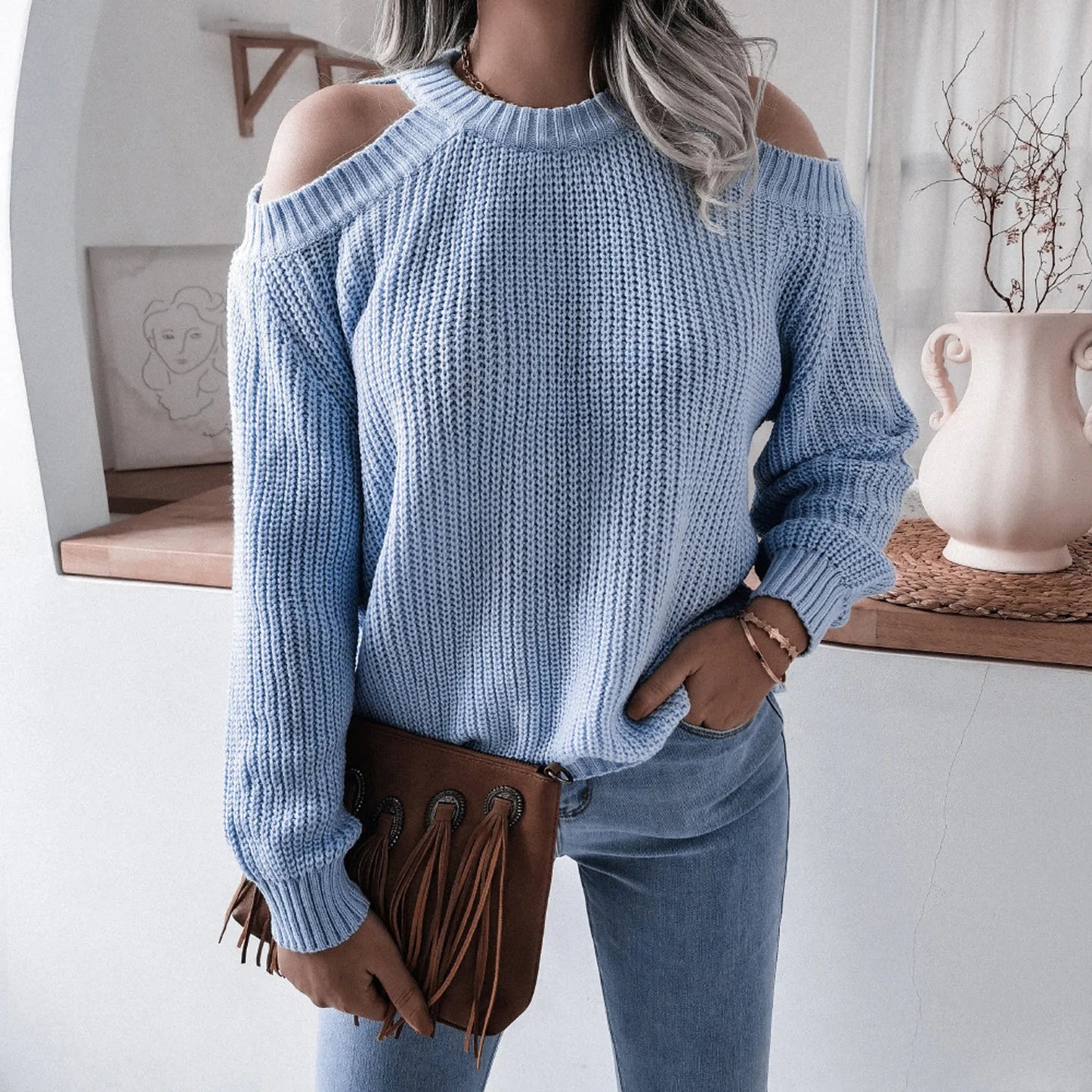 Pull ample en tricot pour femme, épaules dénudées