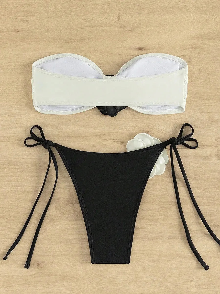 Maillot de bain deux pièces sans bretelles, fleurs 3D, Bandeau