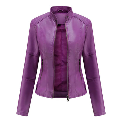 Blouson en cuir PU femme, col montant