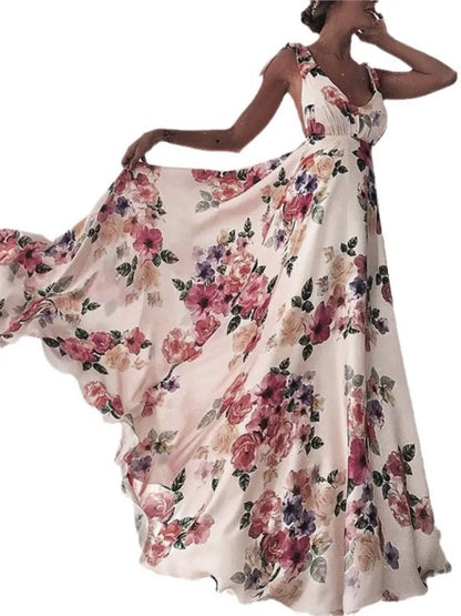 Robe longue à lacets sans manches pour femmes, imprimé floral, nœud papillon, Sexy, col en v, dos nu