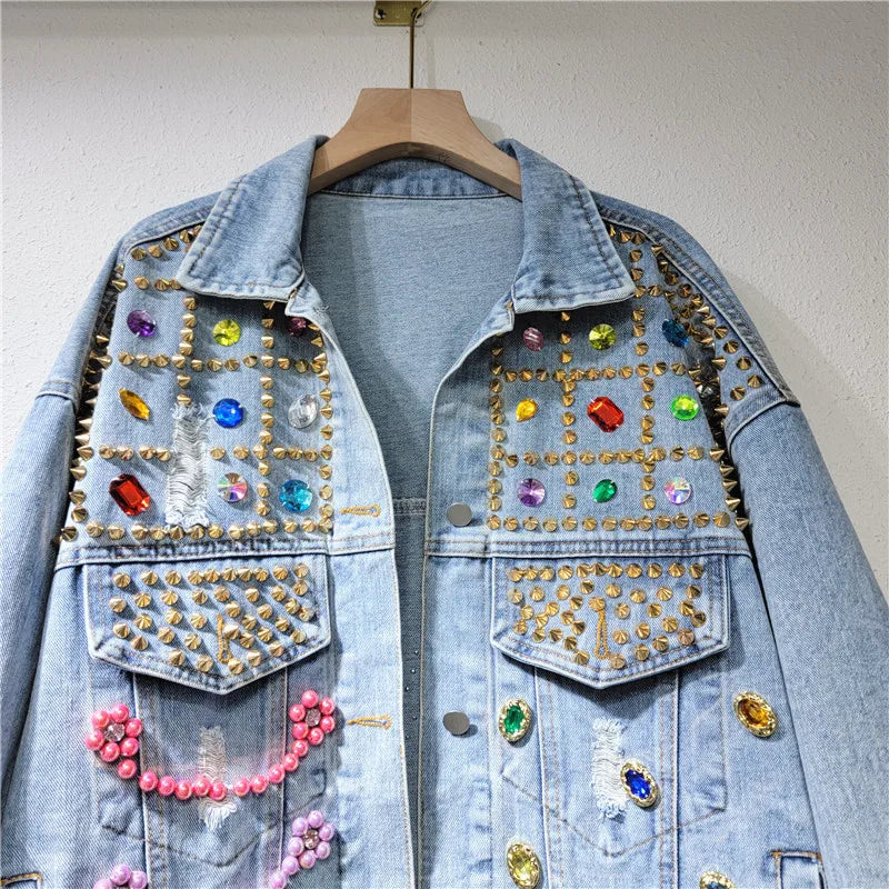 Veste en jean à rivets multicolores pour femme