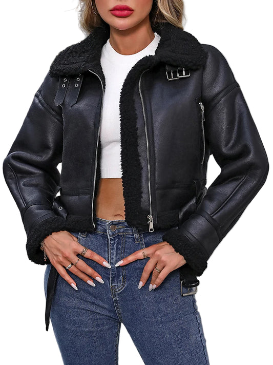 Veste courte en fausse fourrure d'agneau pour femme