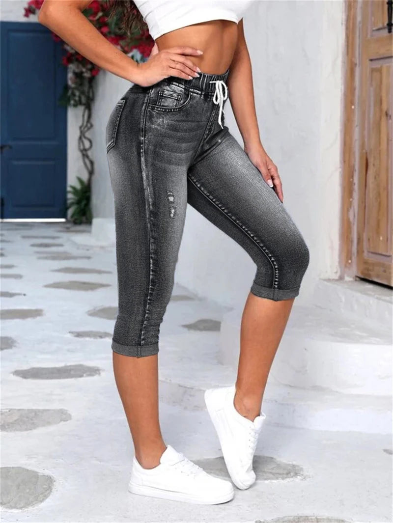 Jean déchiré noir pour femmes, taille élastique, haute élasticité, longueur mollet, pantalon crayon