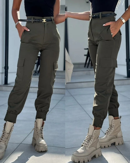 Pantalon cargo taille haute à revers pour femme