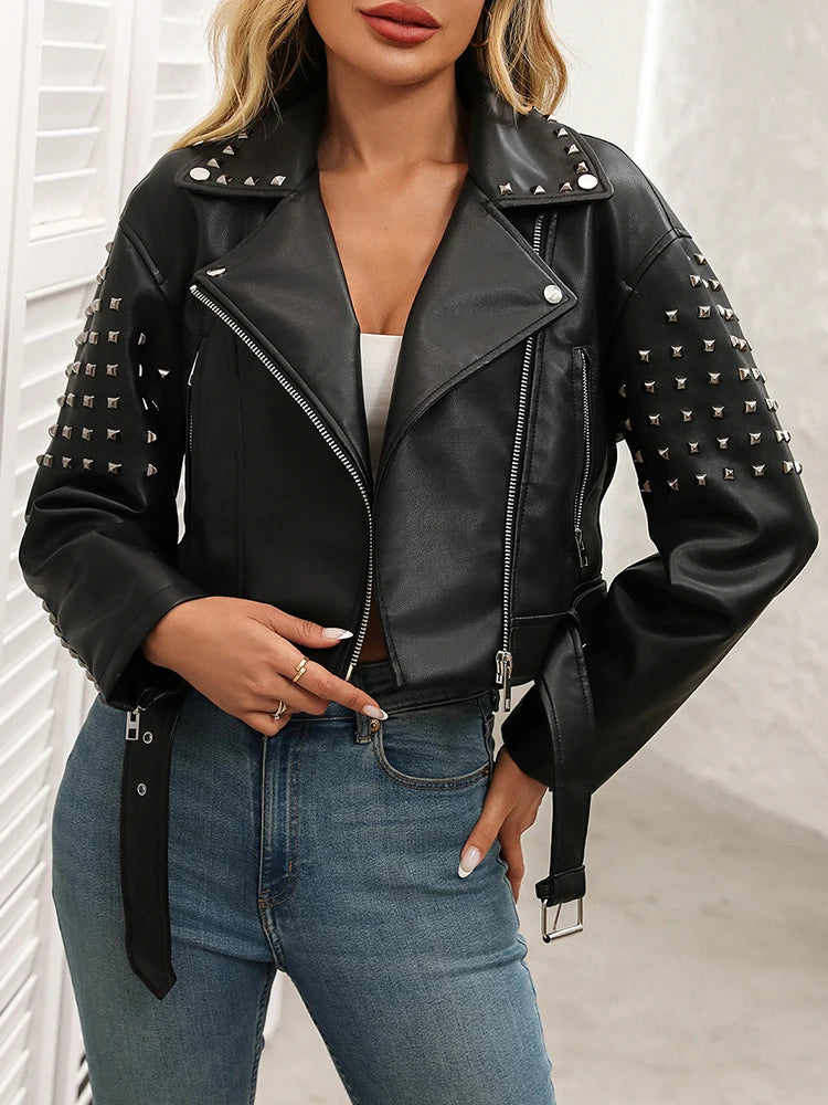 Veste à rivet noir court faux cuir pour femmes