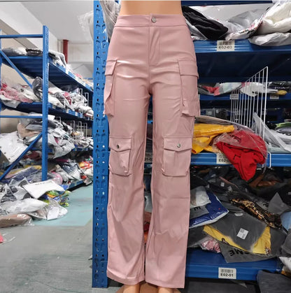 Pantalon décontracté à jambe droite en cuir PU pour femme