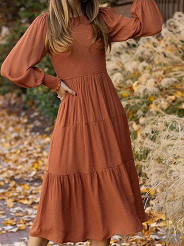 Robe longue Vintage élégante pour femmes, manches lanternes, mode décontractée, couleur unie