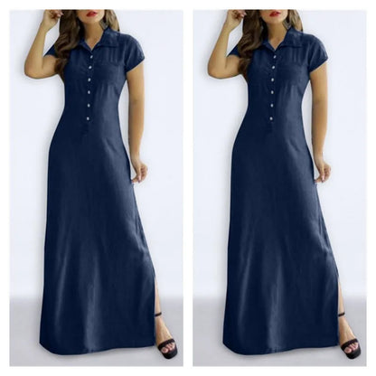 Robe Longue en jean avec Col Chemise et Poches Fendues