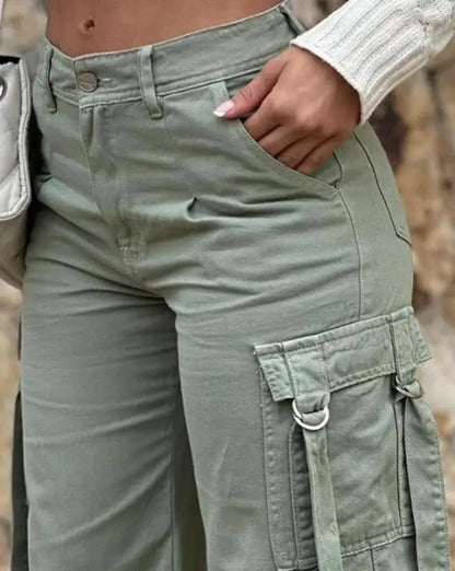 Pantalon cargo décontracté taille haute pour femme, design en coton