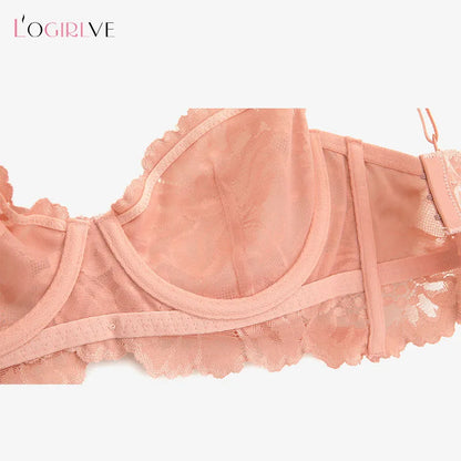 Ensemble de Lingerie Sexy en dentelle française brodée, ensemble de sous-vêtements pour femmes, Bralette fine Push Up, soutien-gorge et culotte en V profond