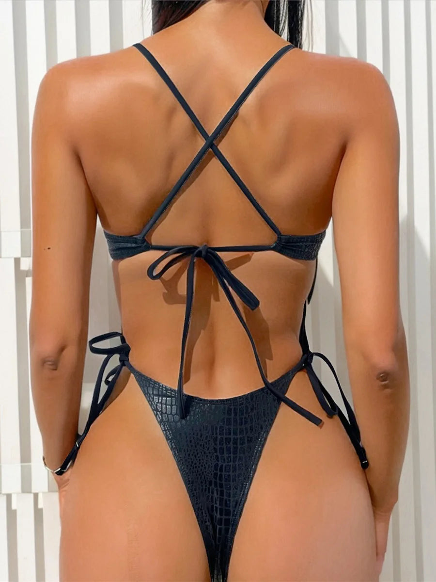 Maillot de bain une pièce à coupe haute en peau de serpent pour femme