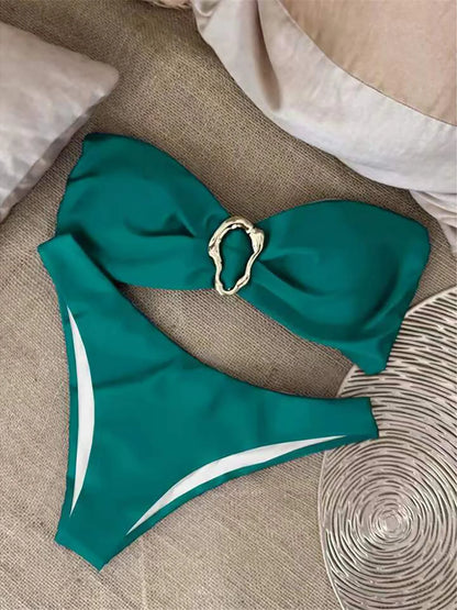 Maillot de bain deux pièces bandeau avec anneau métallique pour femmes